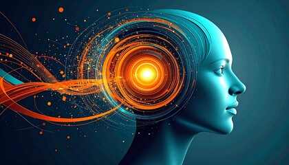 Conceptual illustration of a female head with glowing energy emanating from the brain, suggesting advanced thinking or technological enhancement.