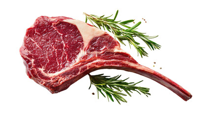 A raw steak with a bone and sprigs of rosemary