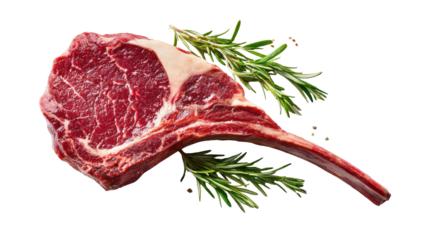 A raw steak with a bone and sprigs of rosemary