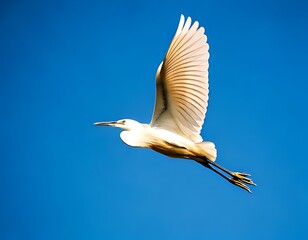 A graceful white bird in flight against a vibrant blue sky