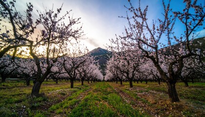 Blossoming almond trees at sunrise