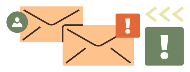 Envelopes with alert icons, user profile, and arrows representing email communication, notifications, and digital interaction. Ideal for messaging, cybersecurity, updates, reminders teamwork