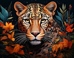 A leopard portrait surrounded by autumnal foliage