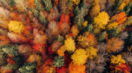 Aerial view of colorful autumn forest with red, yellow and orange foliage, natural seasonal landscape, scenic environment from above
