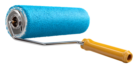 Blue paint roller with yellow handle isolated on transparent background