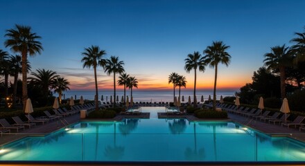 Tranquil pool at dusk reflecting sky, palm trees and lounge chairs