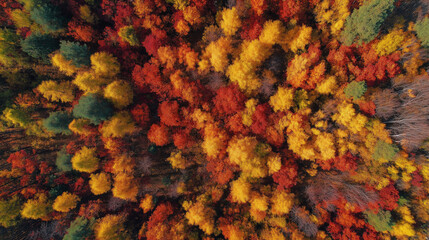 Aerial view of colorful autumn forest with red, yellow and orange foliage, natural seasonal landscape, scenic environment from above
