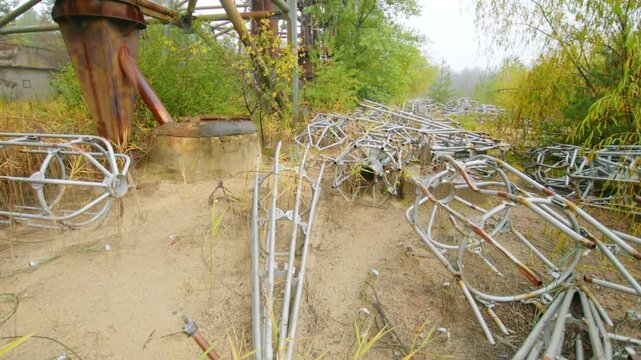 Footage capturing the remnants of the Duga 1 Over the Horizon OTH radar system, a massive Soviet era anti ballistic missile early warning network, within the Chernobyl Exclusion Zone.