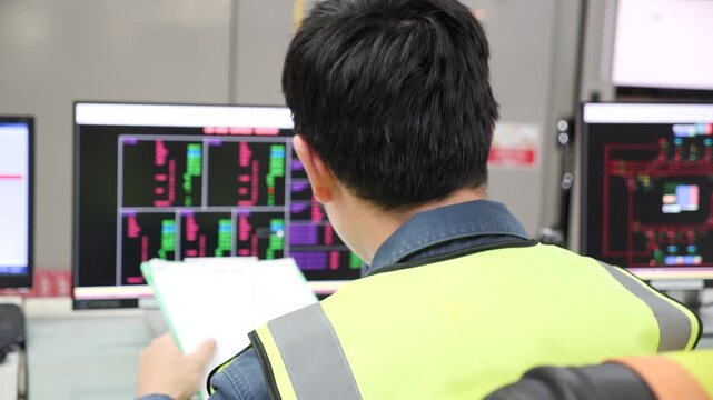 system operation and control, workplace safety with professional engineering supervision, engineer monitoring system data on computer screens in power plant control room, ensuring energy distribution