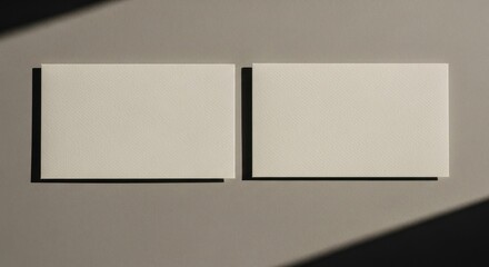 Two blank, cream-colored cards sit on a neutral surface with sunlight
