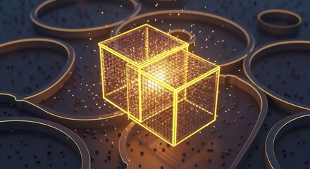 Two glowing wireframe cubes sit amid abstract shapes, with floating particles