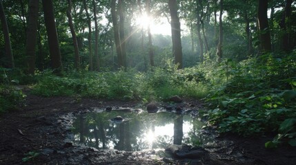 Fototapeta premium mirror. A serene forest scene reflected perfectly in still water, illuminated by golden sunlight filtering through trees. travel magazines.