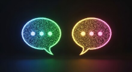 Two glowing, speckled speech bubbles; cyan and yellow