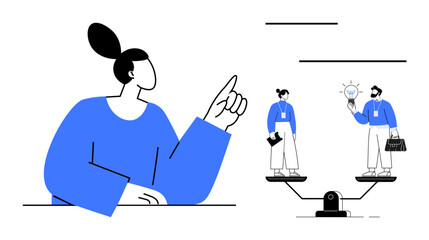 Woman pointing toward scales balancing two figures with business attire, briefcase, and ideas. Ideal for leadership, business growth, decision-making, equality, opportunity, teamwork career choices