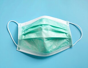 A light teal face mask on a bright blue background