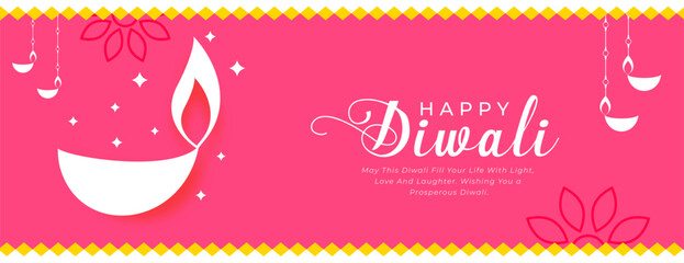 indian theme happy diwali pink banner with paper diya