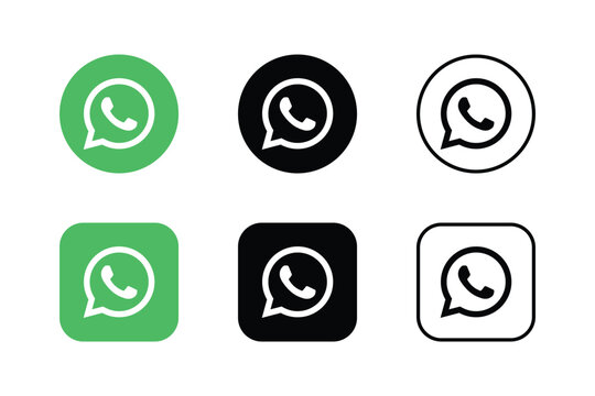 whatsapp social media logo icon set green black outline round square vector collection
