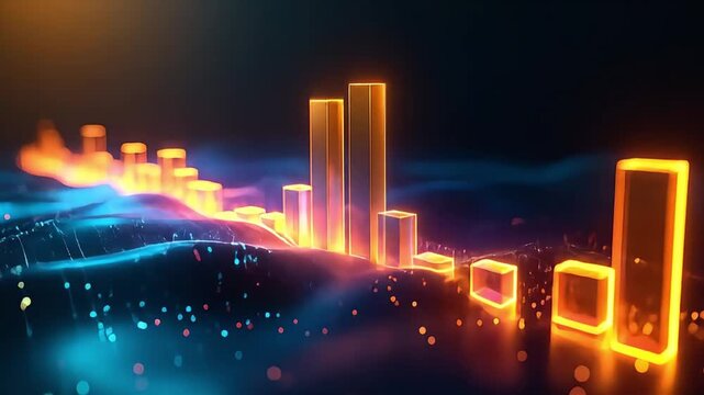 A vibrant 3D bar chart with glowing orange columns on a futuristic blue digital landscape.