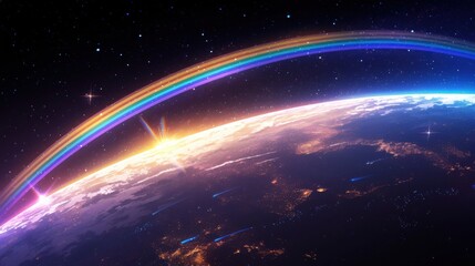 Earth's Horizon with a Spectacular Rainbow in Space