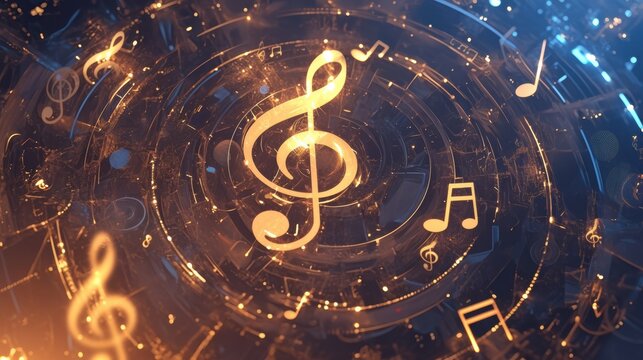 Golden Treble Clef and Musical Notes in a Futuristic Circular Design