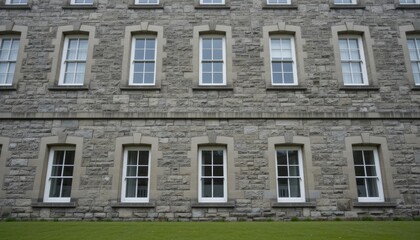 Fototapeta premium Grey stone building with multiple white framed windows and green grass