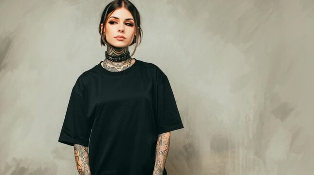 A mockup photo of an alternative gothic woman wearing a slightly oversized black colored tshirt with with no wrinkles or creases on the shirt, tattoos on arms and neck, a realistic 