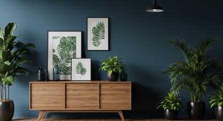 Living room interior with plants and artwork