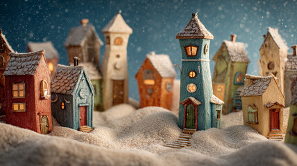 Whimsical North Pole village scene with tiny houses covered in snow, featuring colorful, quirky architecture and glowing windows, creating magical winter atmosphere