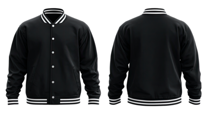 Black varsity jacket, front and back views