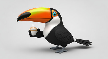 Naklejka premium Cartoon toucan enjoying a cup of coffee with latte art on a plain background in a bright and cheerful illustration