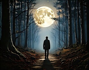 A lone figure walks a moonlit forest path