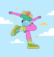 The girl is floating in the clouds.