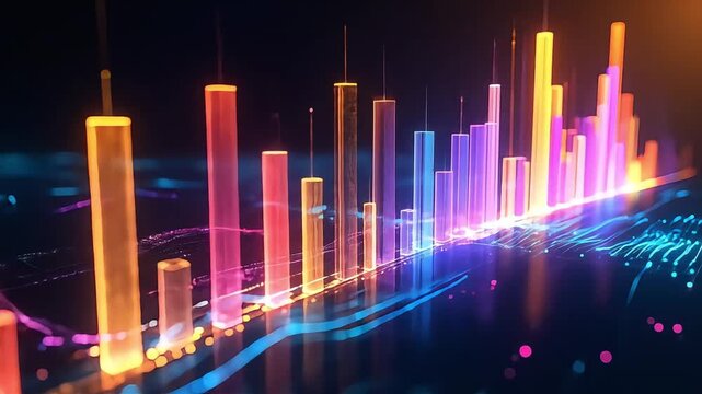 Colorful bar graph visualization with glowing lines and data points, representing growth and statistical analysis on a dark background.