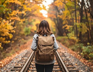 Woman hiking on railroad tracks in autumn