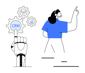 Robotic hand pointing at CRM gear, icons of collaboration and analytics, woman in headset explaining data. Ideal for technology, business, automation, customer management, strategy, teamwork simple