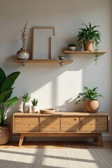 A family's cozy living room, featuring a rustic wooden plank shelf holding decorative items and plants Perfect for home decor, interior design, and lifestyle blogs , shelf, close-up