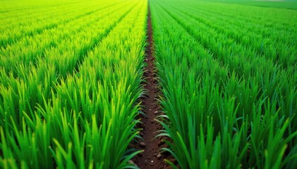 Freshly Painted Field Border Vivid Green Crops Divided, Contrasting Agricultural Landscape.  Sharp Boundary Line, Eco-Friendly Farming, Division, Contrast, Rural Scene.