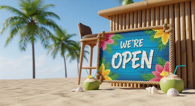 Colorful 'We're Open' Sign on a Tropical Beach