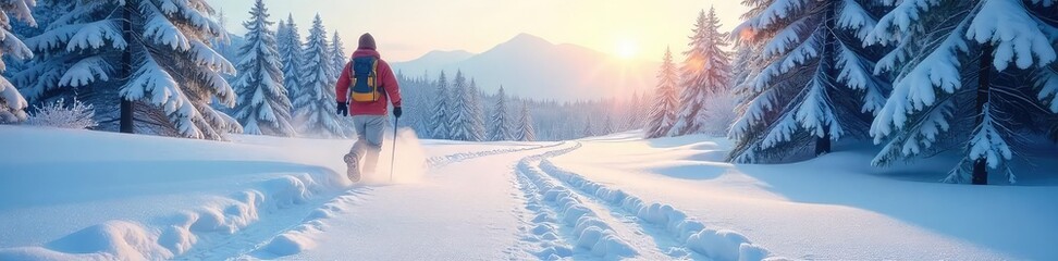 A lone figure's footprints wind through a snowy, tranquil winter landscape; the crisp air, frosted trees, and untouched snow create a serene winter hiking scene , light, calmness, forest