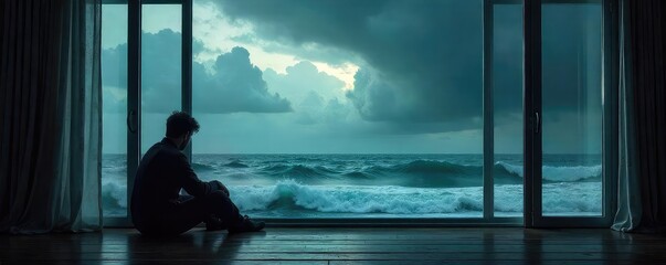Contemplative Figure by Window, Stormy Sea View, Loneliness, Empty House, Sadness