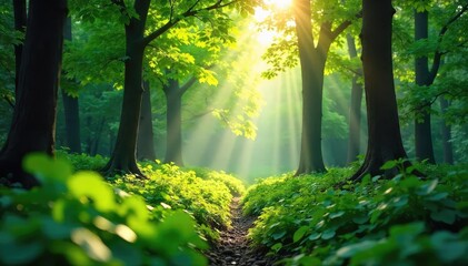 A lush green forest with sunlight streaming through leaves, representing a sustainable and eco-friendly internet connection , growth, biodiversity