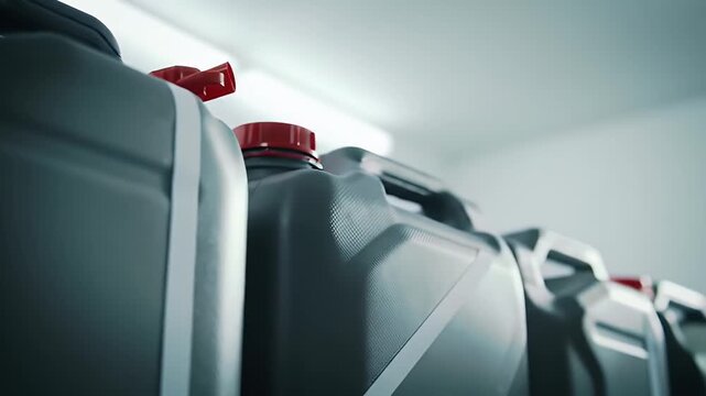 Gray Plastic Carboys with Red Caps in a Row