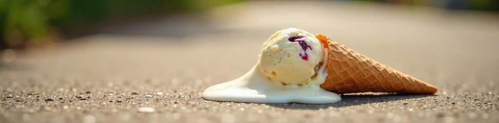 A melting ice cream cone drips onto a sun-baked sidewalk, a summer mishap captured in a humorous close-up shot The perfect image for summer fun, heatwave humor, or vacation mishaps , summer, june