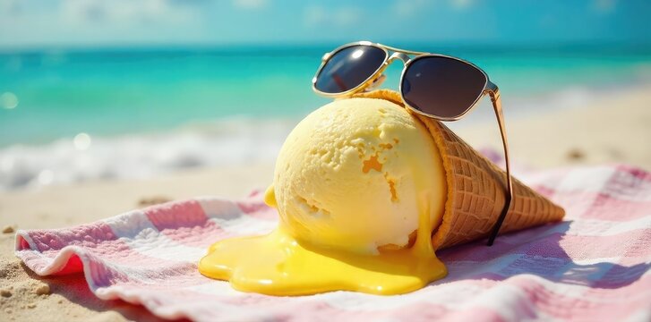 A melting ice cream cone drips down a sun-baked beach towel, sunglasses perched precariously on top; a hilariously sticky summer scene , beach, heat