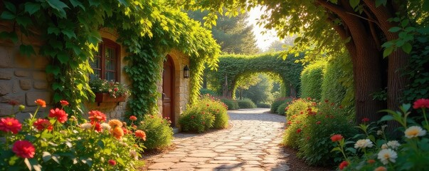 Romantic Sun-Drenched Lane Perfect Couples Stroll, Ivy-Covered Walls, Blooming Flowers, Winding Pathway Ideal for Wedding, Romance, or Travel Photography