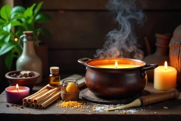 A rustic kitchen scene featuring a simmering pot of fragrant candle wax alongside various candle-making supplies, including wicks, dyes, and essential oils, ready for pouring , cozy, pouring