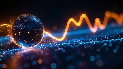 A glowing blue sphere of data particles next to a vibrant orange energy waveform on a digital landscape. - Powered by Adobe