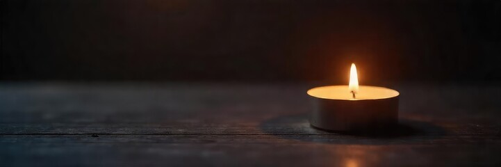A single flickering candle casts a warm, inviting glow on a dark wooden surface, creating a peaceful and serene ambiance Perfect for relaxation, meditation, or spiritual themes , decor, still life