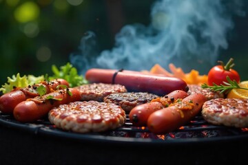 A sizzling array of burgers, hot dogs, and vegetables grilling on a charcoal barbeque, smoke rising, creating a mouthwatering scene , sausages, barbecue