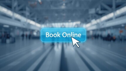 A blurred airport scene with a prominent "Book Online" button, suggesting digital travel services and online booking convenience.